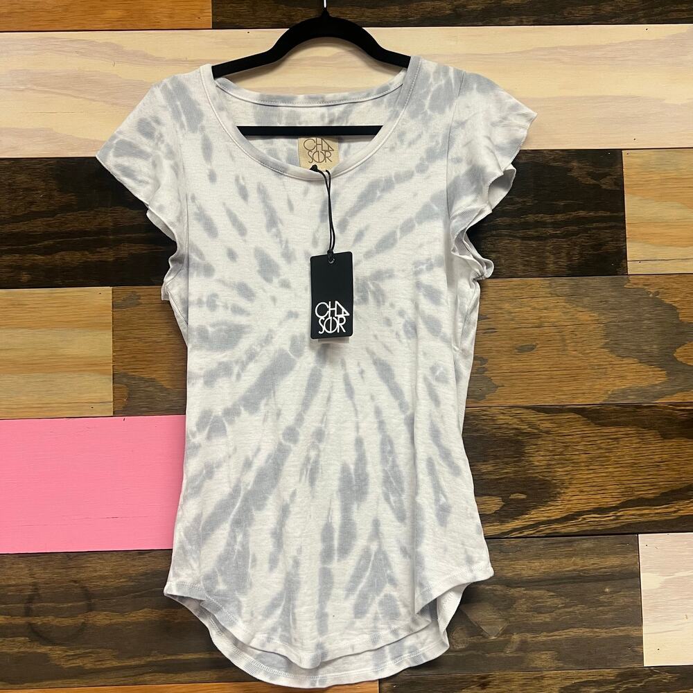 Chaser Women’s Tie Dye Rib Knit Short Sleeve Tee Gray White Size L NWT